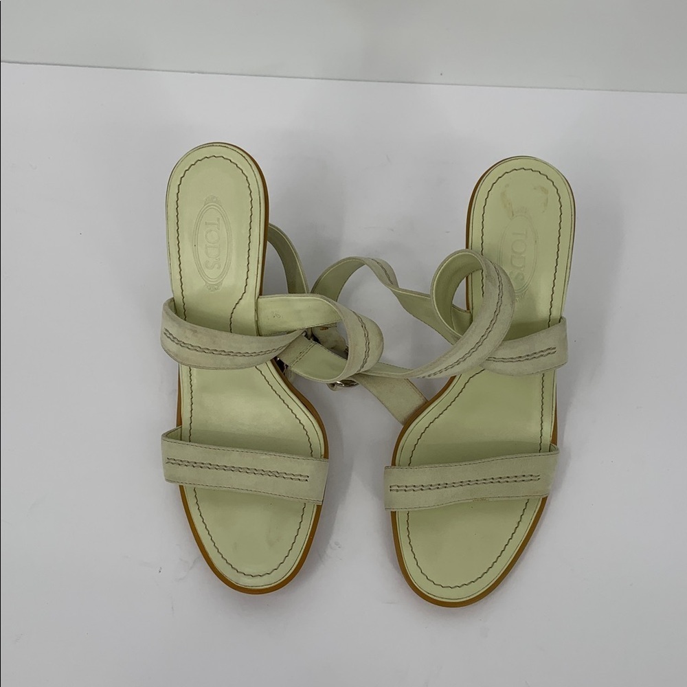 TODs strappy heel sandals light green suede pyramid heel ankle strap 37 7 - Picture 2 of 8